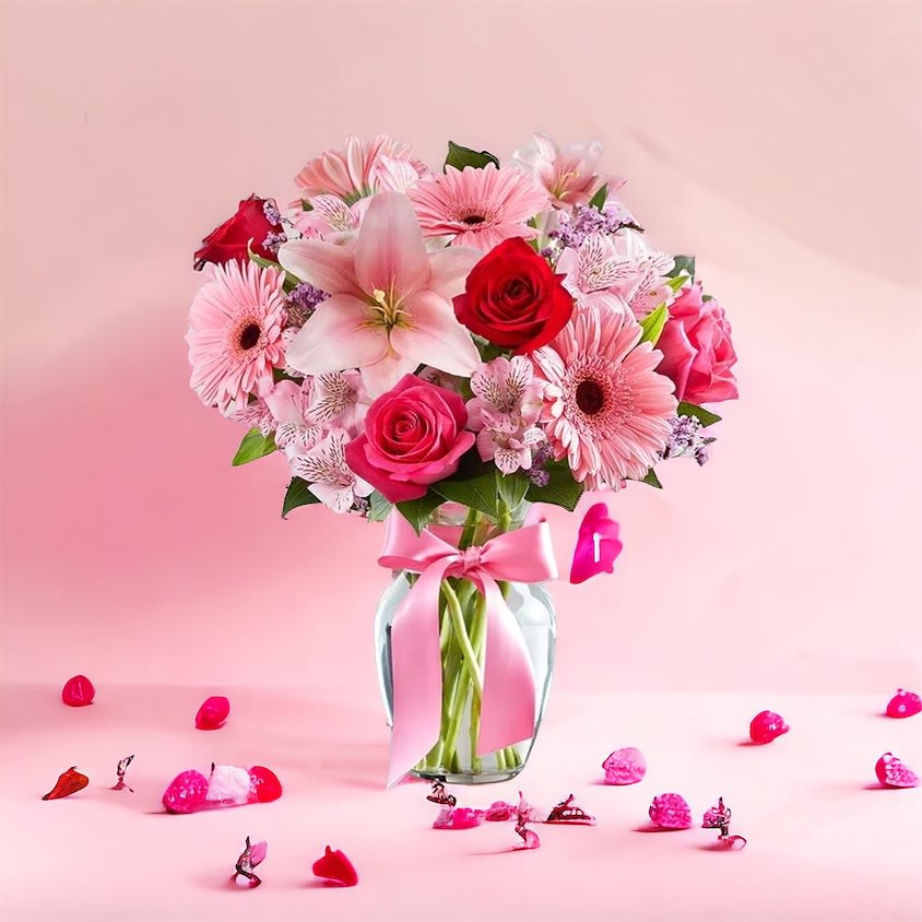 Lovely Romantic  - Red roses, pink lilies, hot pink roses, pink gerber daisies, pink astro and greenery. In vase with pink bow
