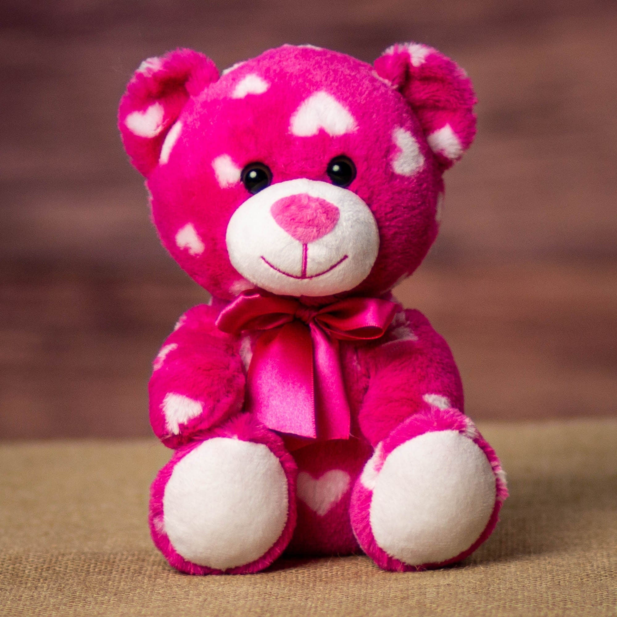 7.5" Heart Print Bear Pink - This vibrant Valentine's Day plush set features an adorable teddy bear covered in heart patterns. Each bear is adorned with a matching satin bow, making them perfect for sharing love and affection. These soft and cuddly bears are ideal gifts for Valentine's Day or to brighten someone's day with a heartfelt touch.
