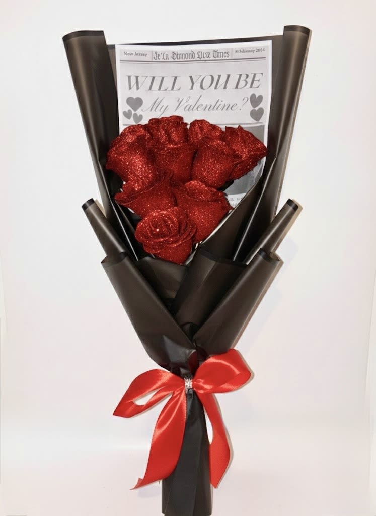 Will You Be My Valentine Bouquet SPECIAL - Will You Be My Valentine Bouquet. Ask your special someone to be your Valentine now before its too late. Bouquet features: 10 Artificial Red Glitter Roses &amp; Custom "You Be My Valentine Newsletter"