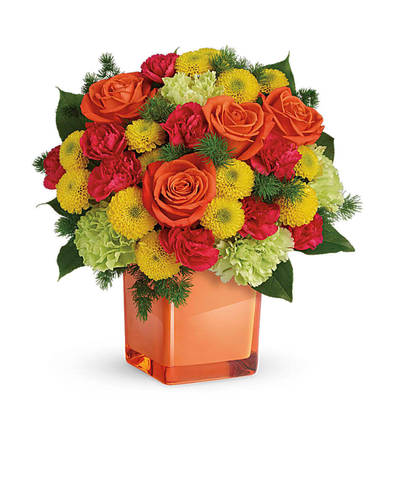 Citrus Smiles Bouquet - Smile awhile! This spirited mix of happy citrus blooms will brighten the room, and their mood. The cheerful bouquet of roses, carnations and mums is hand-delivered in an exclusive Color Splash cube.
