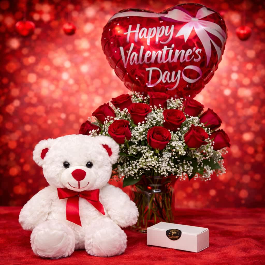 The Love Story Bundle - Tell your love story the most romantic way possible. This stunning Valentine’s bundle features a classic bouquet of 12 premium red roses arranged in a lush dome with delicate baby’s breath, paired with an adorable 10" plush teddy bear, a festive Happy Valentine’s Day balloon, and a box of 6 indulgent chocolates. Thoughtfully designed to capture love, warmth, and romance, this bundle is perfect for making hearts melt and memories last. Whether it’s for Valentine’s Day or just because, The Love Story Bundle says everything words cannot.