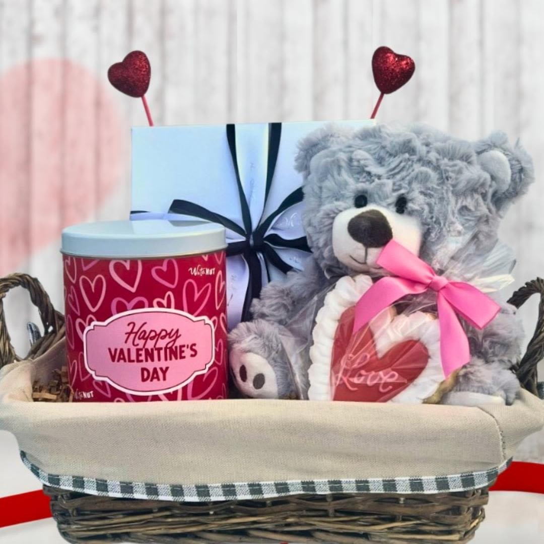 Valentine Basket  - Enjoy Cookies, Chocolate, a Plush bear and More in this Valentine's Day Basket ! 