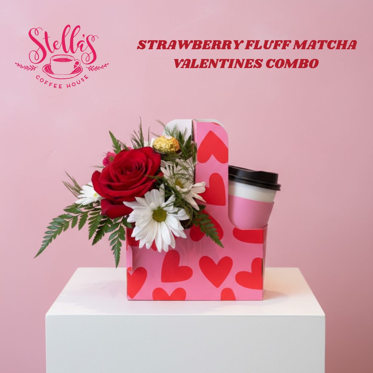 Strawberry Fluff Matcha Beverage &amp; Flower Combo - Stella's Coffee House - STRAWBERRY FLUFF MATCHA: A Matcha Latte with Strawberry Puree Soft Top   Nothing says love like flowers and coffee. This special combo pairs a beautiful floral arrangement with a delicious drink from Stellas Coffee House, creating the perfect pick-me-up for Valentine’s Day. Whether it’s delivered to yourself, a friend, or the one who means everything, this thoughtful pairing is designed to bring comfort, joy, and a little extra love to their day. Perfect for spreading smiles, celebrating connections, or treating someone (including you!) to a moment of warmth and happiness—because love is better with flowers in one hand and coffee in the other.  *ADD WHIP in the ORDER NOTES