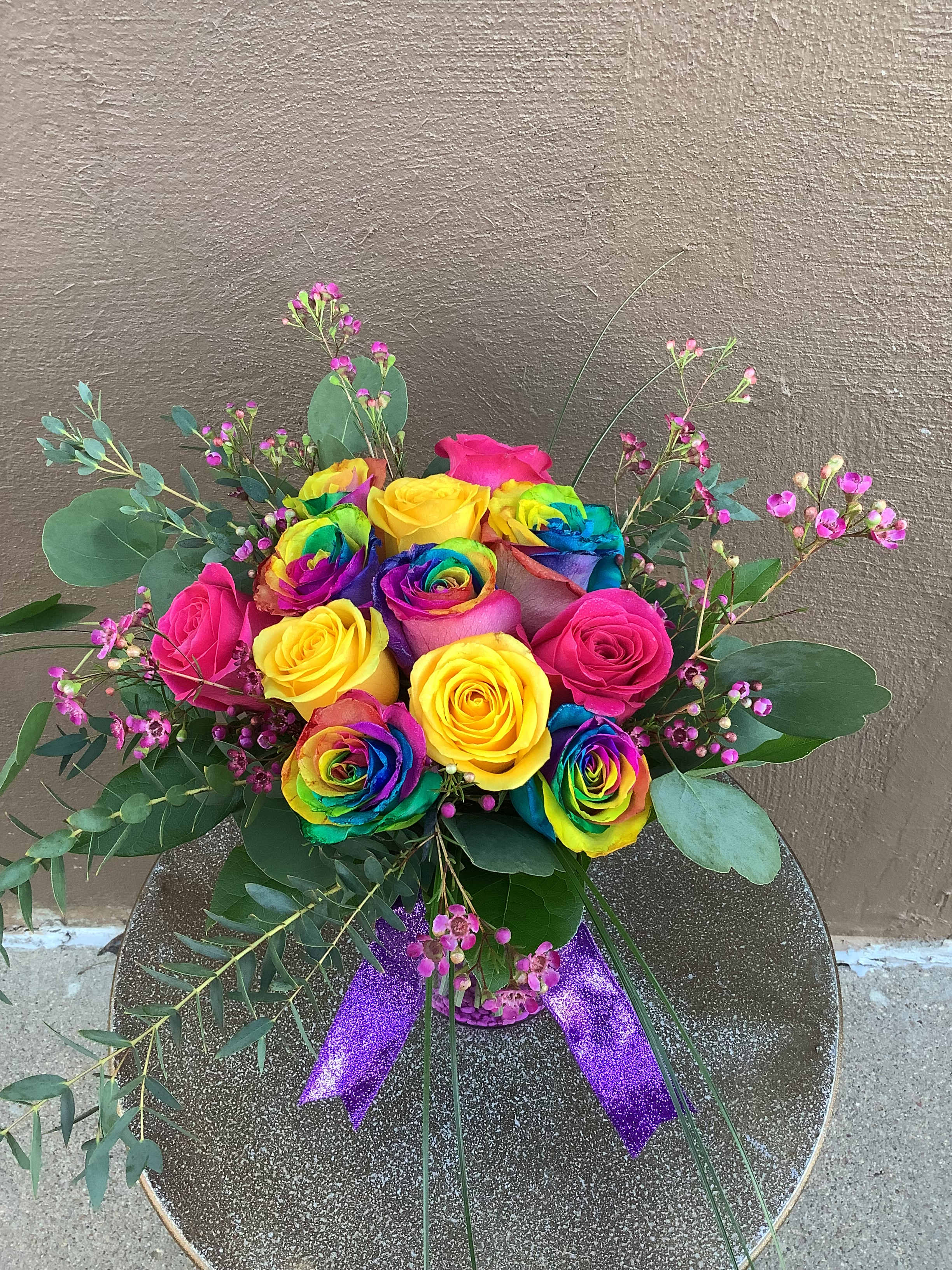 My Groovy Valentine Dozen - 6 tie-dye roses  and 6 colored roses arranged hand tied in a groovy way to show your love. 