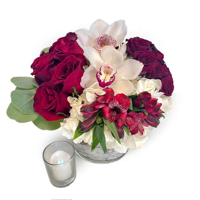 Breakfast at Tiffany's - A simple floral masterpiece that channels the elegance of Audrey Hepburn in Breakfast at Tiffany's – a stunning arrangement of passionate red roses, spray roses, and pristine white orchids. The floral blocked style of this bouquet whispers simple sophistication and timeless beauty, capturing the essence of romance and classic Hollywood glamour in every petal. Designed in a birch lined, clear glass cylinder, accented with silver dollar eucalyptus.