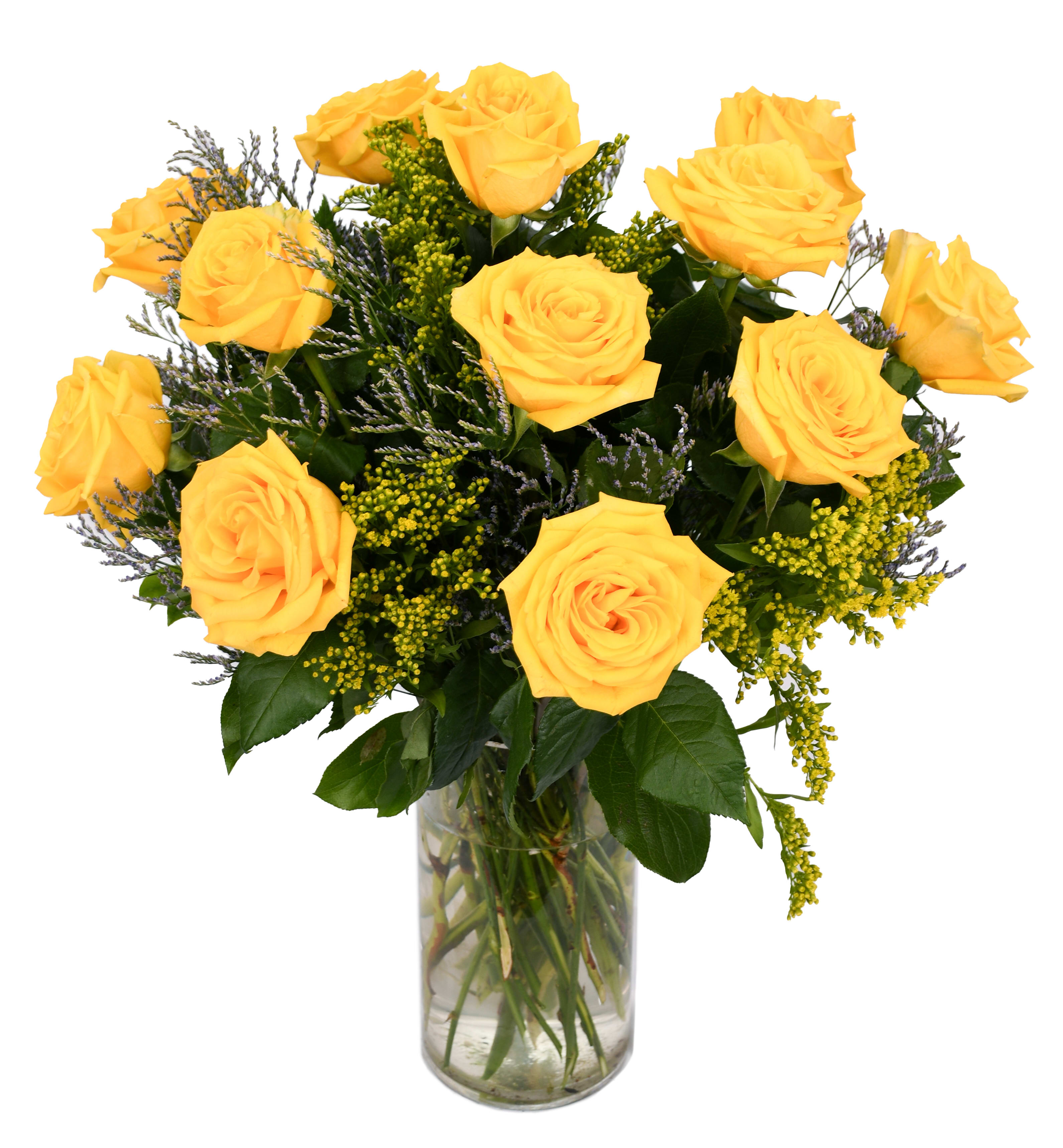 ONE DOZEN YELLOW ROSES  - Go big with your love. Send the most extravagant roses arrangement for Valentine's day, anniversary celebrations, or declarations of love. This luxury arrangement makes a big statement of "I love you"  Vase 5 * 10