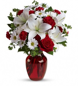 Be My Love Bouquet with Red Roses - The spirit of love and romance is beautifully captured in this enchanting bouquet. It's the perfect gift for anyone you love.  Red roses and carnations are exquisitely arranged with white asiatic lilies and chrysanthemums in a ruby red glass vase. It's lovely.  Approximately 15" W x 18" H  Orientation: One-Sided  As Shown : T128-2A Deluxe : T128-2B Premium : T128-2C