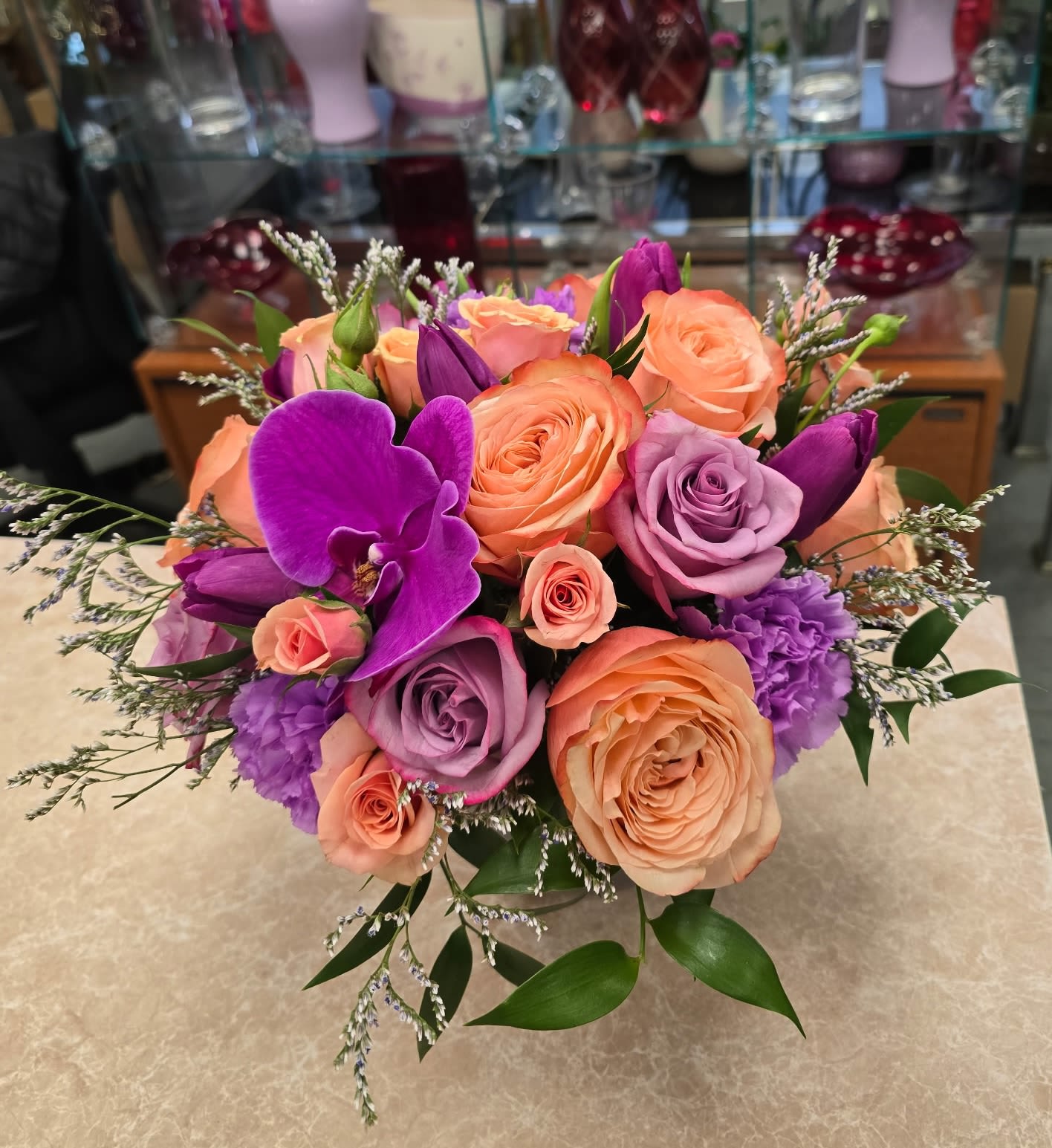 PURPLE AND PEACH - PURPLE AND PEACH ARRANGEMENT IN CERAMIC CONTAINER