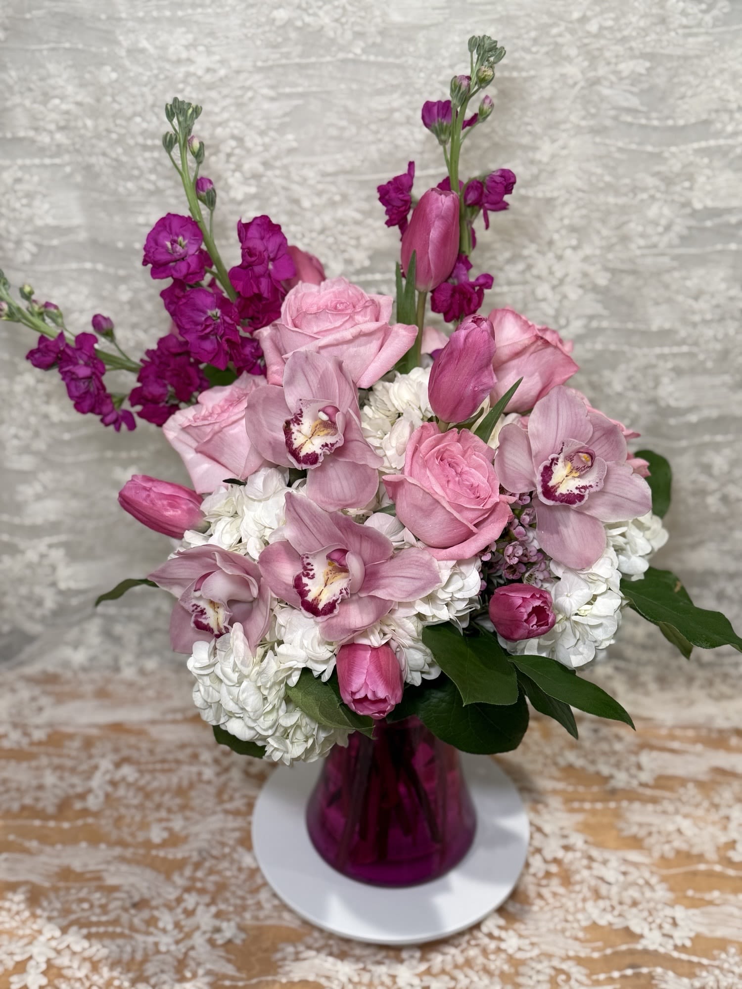 Lovely Orchid - orchids, Roses, Tulips, hydrangea, stock and wax flowers.