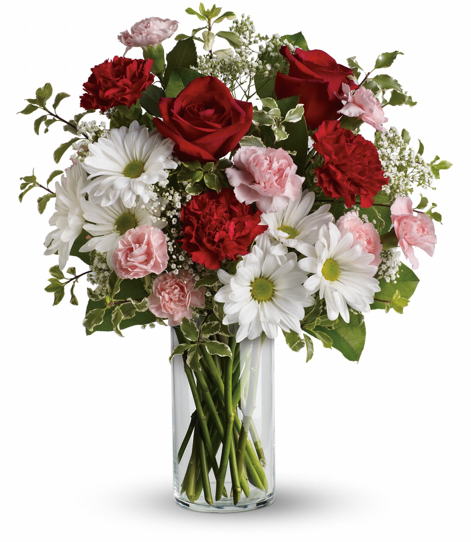 Kiss - Fan the flames of love with this ravishingly romantic array of gorgeous red roses and other favorites in a sparkling clear glass cylinder vase. Will she be your Valentine? How could she resist?