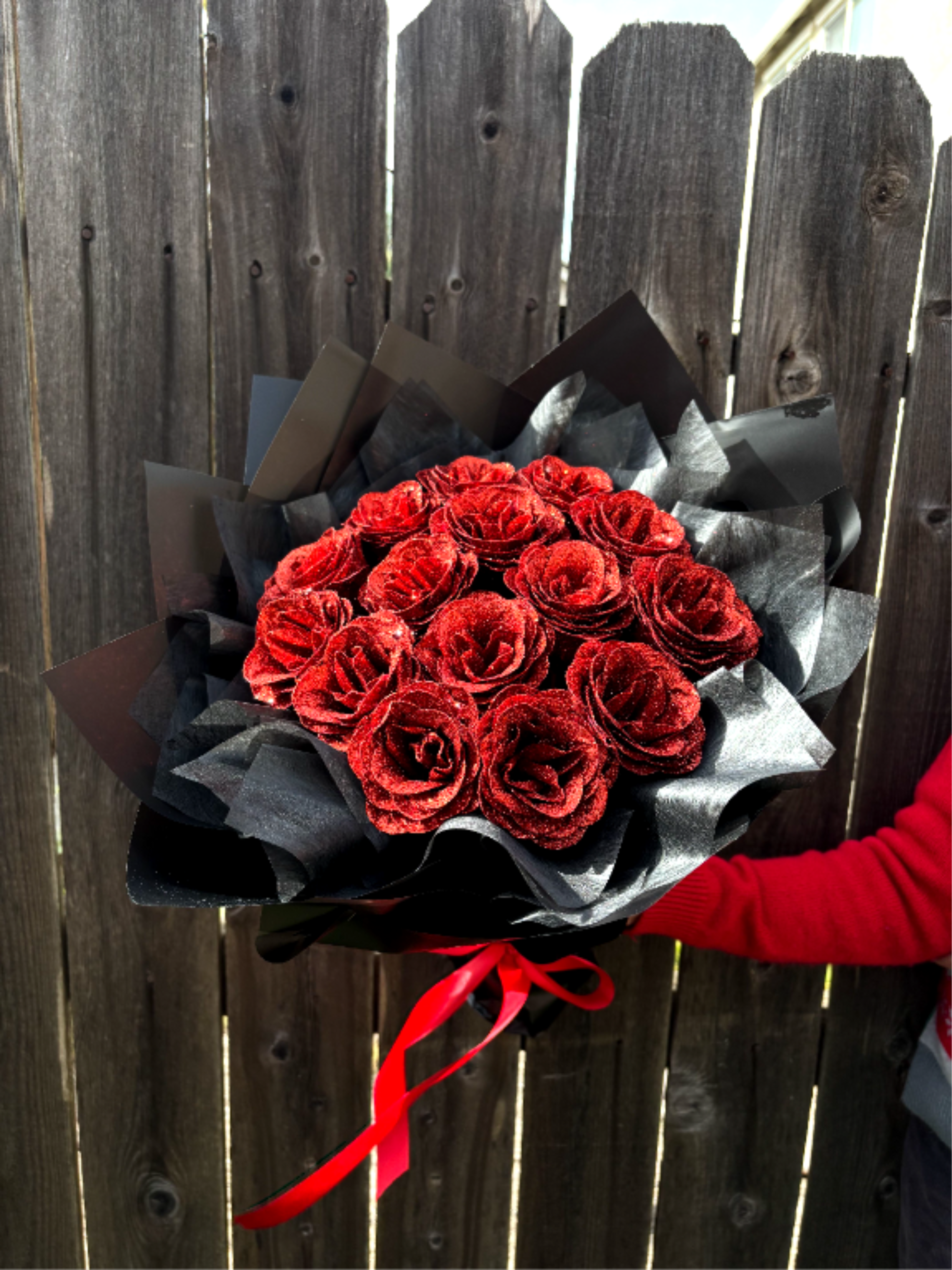 Eternal Love A6 - A bouquet of dazzling red roses, each petal shimmering with glitter, wrapped in elegant black . A sparkling symbol of eternal love!  Rose Bouquet Artificial Rose Flowers Bouquet Glitter