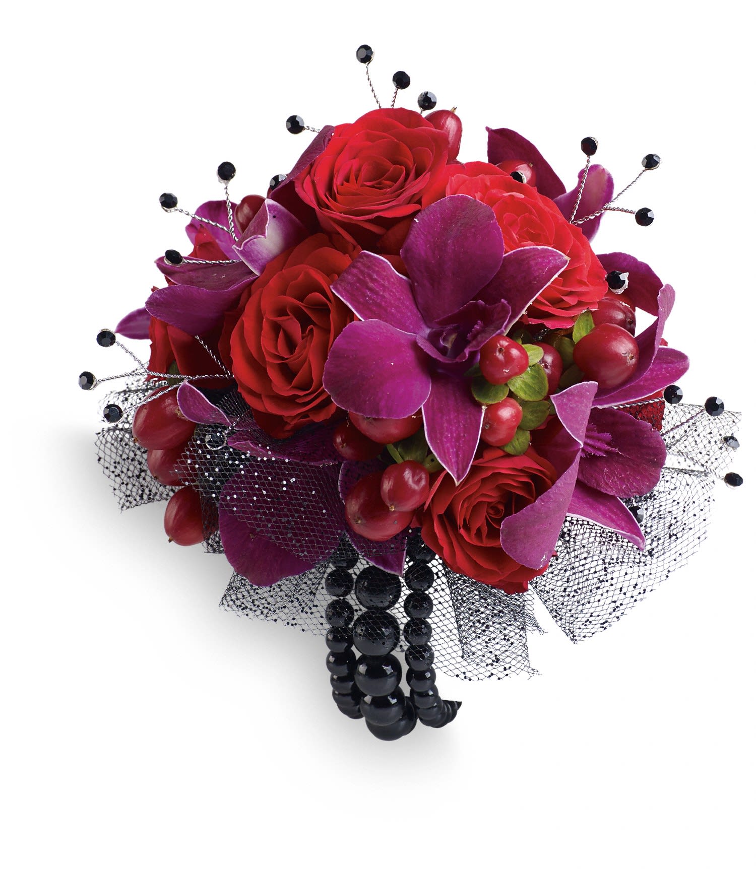 Celebrity Style Corsage - Flirt with fame in this feminine arrangement of exotic orchids, roses and hypericum.
