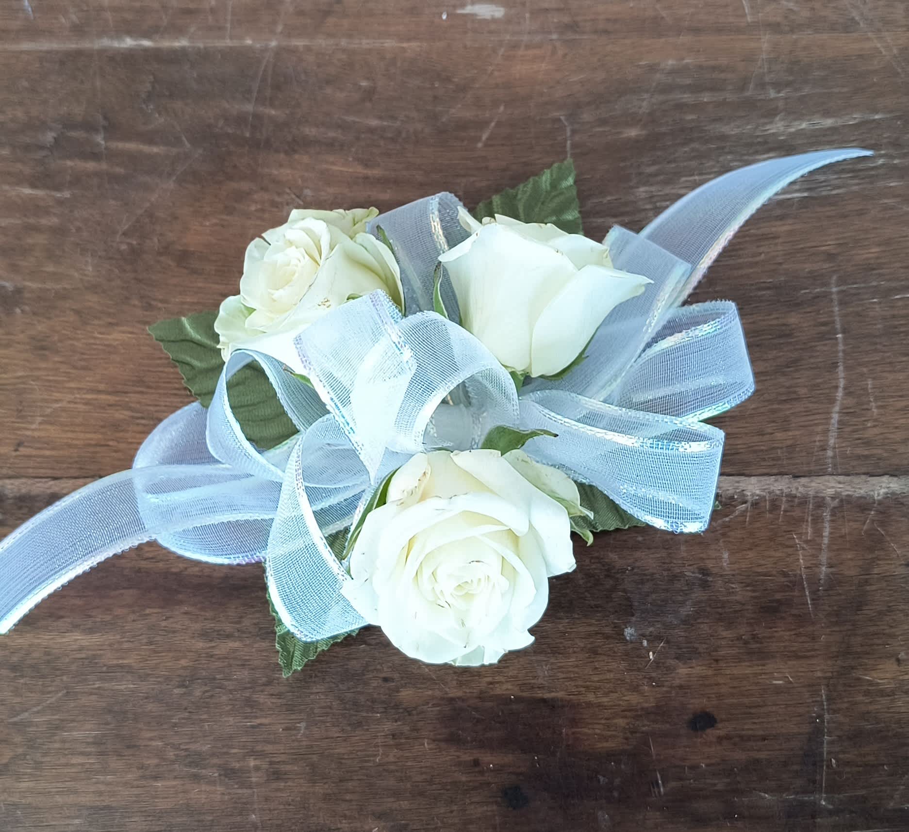 White Rose Customizable Wrist Corsage  - Choose a complimentary color ribbon &amp; add as many accessories as you wish! *A disposable elastic wristlet is included