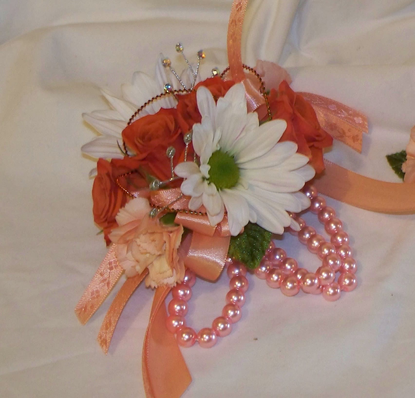Just Peachy Corsage  - Casual with a hint of flair. Please NOTE wristlet will be a white pearl (peach is n/a).