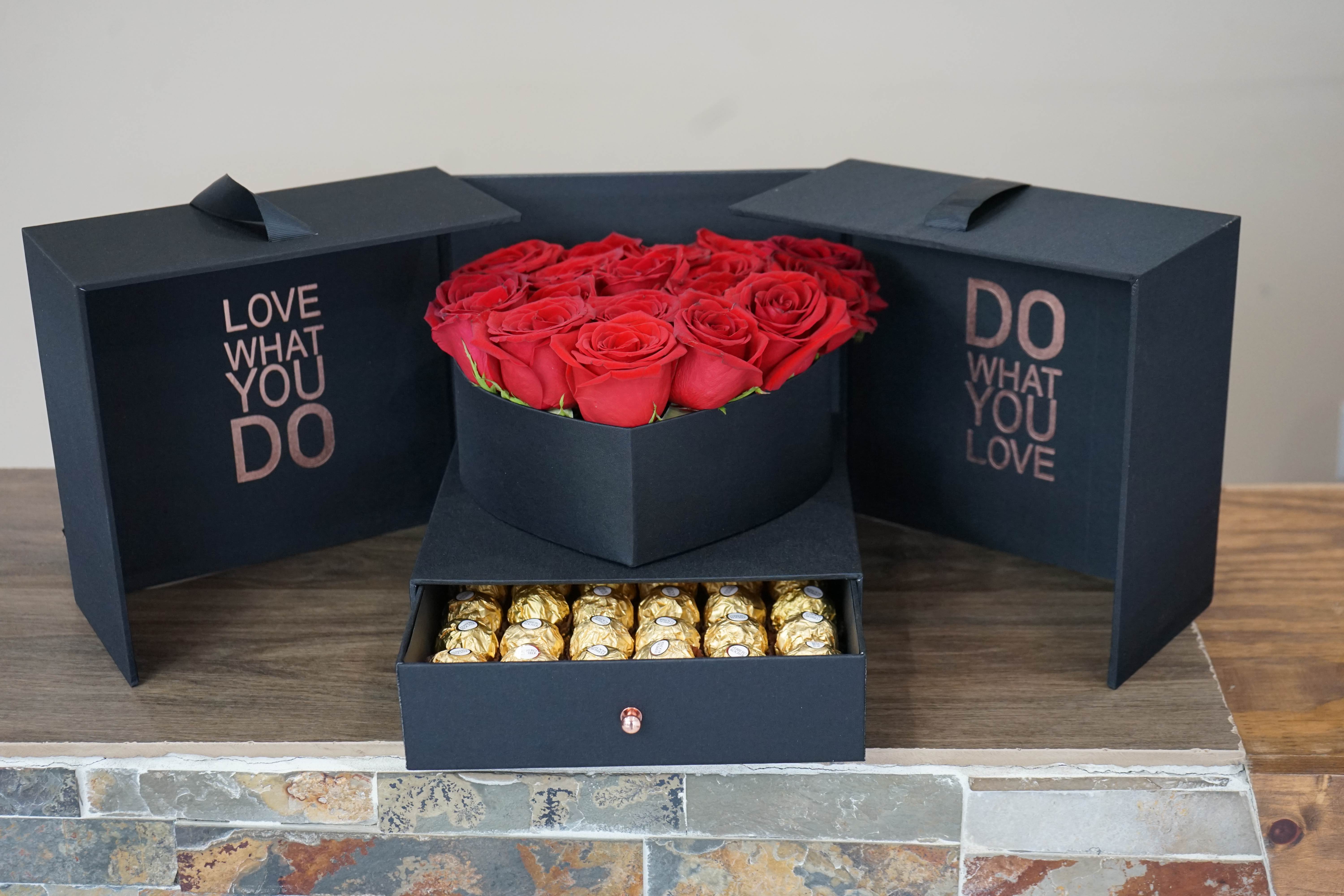 Love What You Do Box - Do what you love and satisfy your desire for something sweet. Surprise your loved one with this charming mysterious gift box with red roses and mouthwatering chocolates inside. 18 Roses and 36 Chocolates. Color of the roses can be changed as customers wish