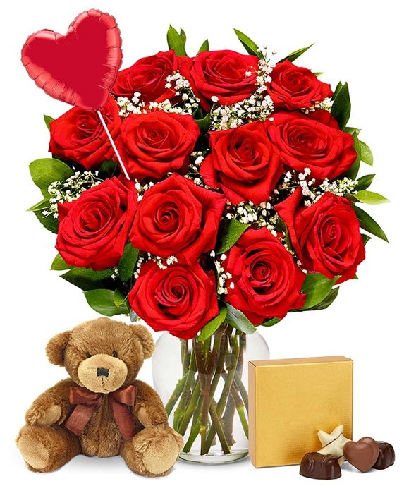 One Dozen Red Roses + Heart Balloon + Chocolate + Bear - 12  Red Roses + Heart Balloon + Chocolate + Bear