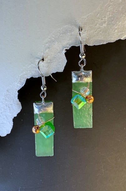 Green Textured Stained Glass Earrings - These gorgeous earrings are handmade in our shop in Harrisonburg, Virginia in the beautiful Shenandoah Valley!  We LOVE earrings that are light-weight, comfortable to wear, and the colors we use are amazing!  They are sparkly, feminine, and make wonderful add-on's to a floral bouquet of your choice!  The price includes shipping or delivery, and are available for wholesale purchasing.  Give us a call for additional information at 540-810-2161.
