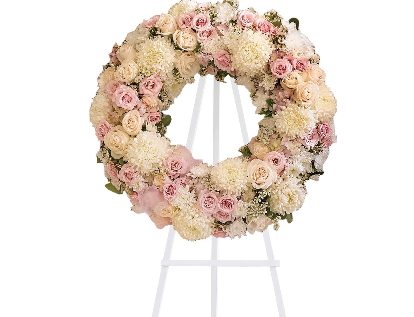 Peace Eternal Wreath  - A breathtaking expression of love and devotion, this lovely wreath delivers a message that is both subtle and strong. Its soft pastel blossoms will soothe, while its extraordinary beauty will express the depth of your emotions. 