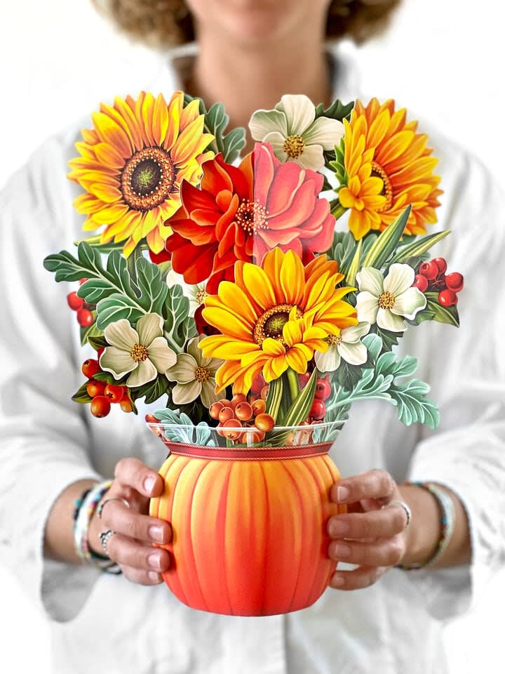 Pumpkin Harvest Pop-Up Bouquet - Stunning paper floral bouquet pops open and brings color to any room. Note: card included- handwritten message upon request. No watering needed. Send some love!