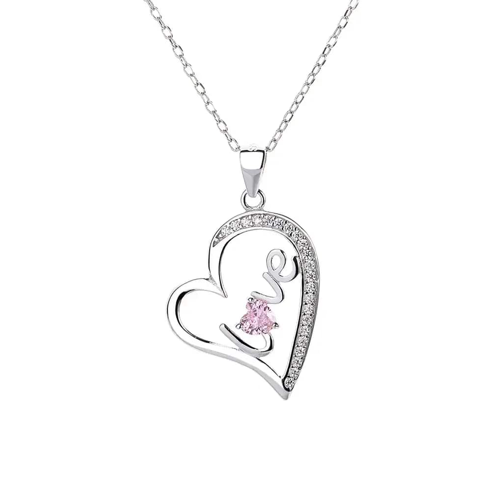 Sterling Silver Pink Sapphire Heart Love Pendant Necklace - The Sterling Silver Pink Sapphire Heart Love Pendant Necklace is a beautiful and romantic piece of jewelry that is perfect for expressing your love and affection. The necklace features a delicate sterling silver chain that is adorned with a heart-shaped pendant, studded with pink sapphire gemstones.  The heart-shaped pendant is expertly crafted with a smooth and polished surface, and it is set with genuine pink sapphire gemstones, creating a beautiful and eye-catching effect. The gemstones are carefully selected for their color and clarity, ensuring that they sparkle and shine in the light.  The pendant is engraved with the word "love", adding a sentimental touch to the piece.  