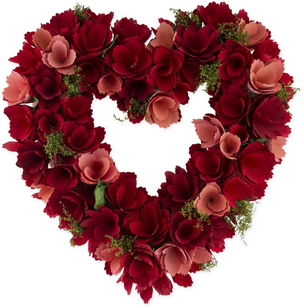 14" Valentines Hearts For You Wreath - Colors: Deep red, light pink, green Theme: Romantic and Heartfelt â This beautiful heart-shaped wreath is a celebration of love and affection, making it perfect for expressing heartfelt sentiments. It is ideal for occasions such as Valentine's Day, anniversaries, or any special event where love is the focus. The rich, velvety reds and tender pinks symbolize passion and tenderness, while the touches of green evoke hope and renewal.