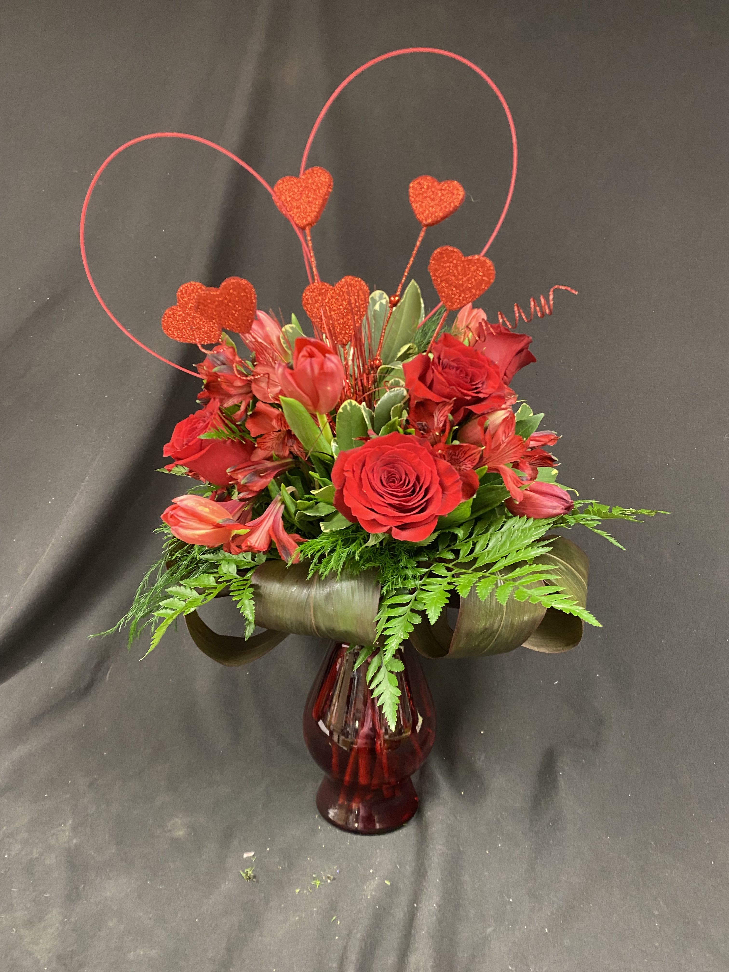 Red Hot Romance - All Red Arrangement - Red Vase &amp; Heart Picks