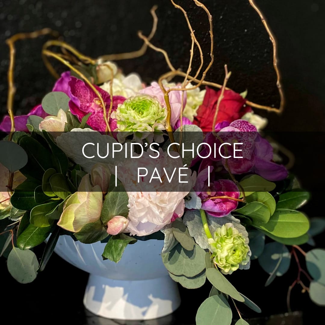 Cupid's Choice - Pavé - Let our little Cupids make something special for Valentine's Day.   A design that is lush, texturally heavy, and low to the container.   This design style is made with groupings of colors and flowers to make a big visual impact without taking up too much space.   We will do our utmost best to incorporate Valentine's Day colors unless otherwise specified. 