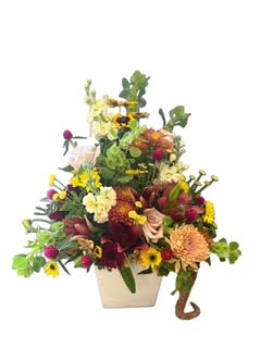 Autumn Glow Garden - A radiant mix if fall -inspired blooms designed to capture the warmth and charm of the season. This lush arrangement features golden sunflowers, creamy stock, rust colored mums, Moab roses, Bells of Ireland peach Amaranthus, and burgundy accents, artfully arranged in a modern white wooden box. Perfect for celebrating autumn occasions or bringing a touch of seasonal beauty indoors.