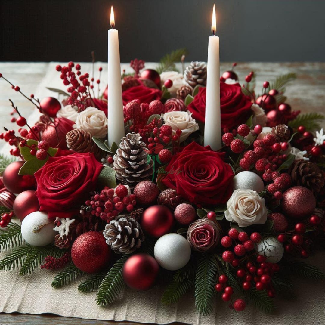Red Velvet Centerpiece - Red Velvet Centerpiece is a luxurious and festive arrangement that exudes warmth and elegance. This centerpiece features rich red roses, pristine white roses and carnations, festive holiday berries, and rustic pinecones. The addition of a tapered white candle adds a touch of classic charm and creates a warm, inviting glow. Perfect for holiday gatherings or any special occasion, this centerpiece will bring a touch of opulence and festive cheer to your table.  Standard 1 candle Deluxe 2 candles Premium 3 candles