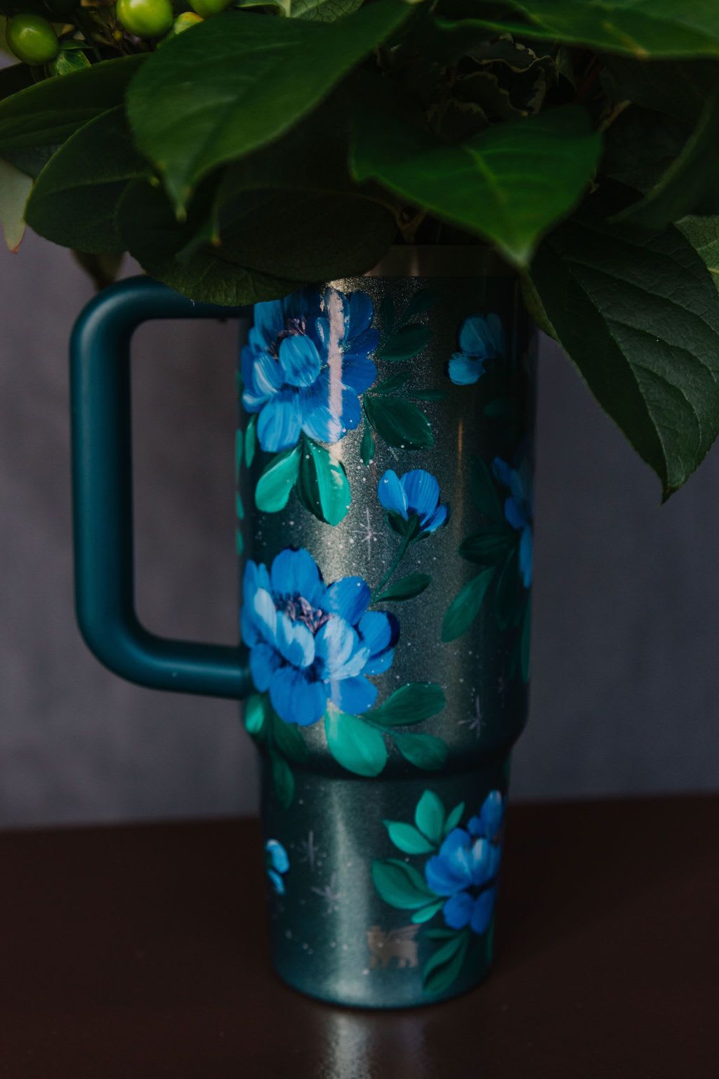 Quiet Skies - Tumbler Only - This 42 oz Stanley tumbler is a one-of-a-kind, hand-painted piece sealed with a clear gloss powder coat—dishwasher safe, chip-resistant, and made to last; by artist Melanie Haggard @meligrafi. Want the tumbler with flowers? Just click the “Occasions/Valentine” tab at the top of the page.