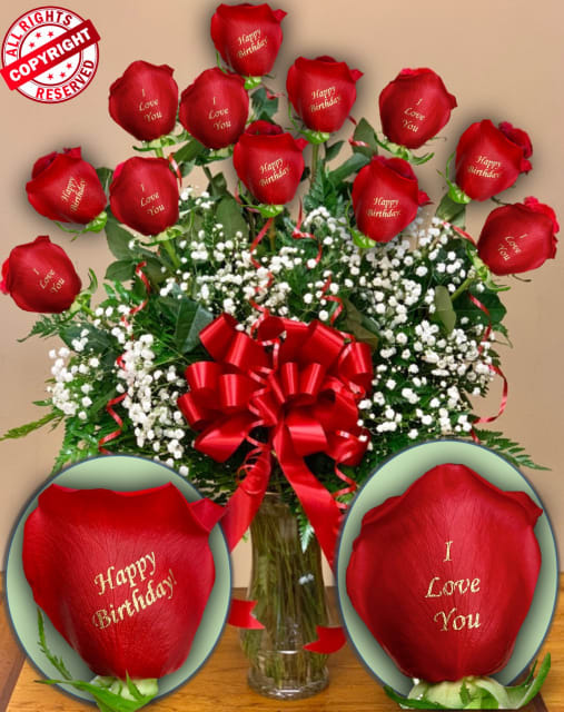 12 Roses (6 ,,I Love You + 6 Happy Birthday) - Each individually rose personalized with the message as shown ( 6 Roses with,, I Love You '' and 6 Roses with Happy Birthday, a total of 12 roses), will arrive arranged in a glass vase, greens, filler, and bow. VIP Floral Designs uses only the highest quality roses.