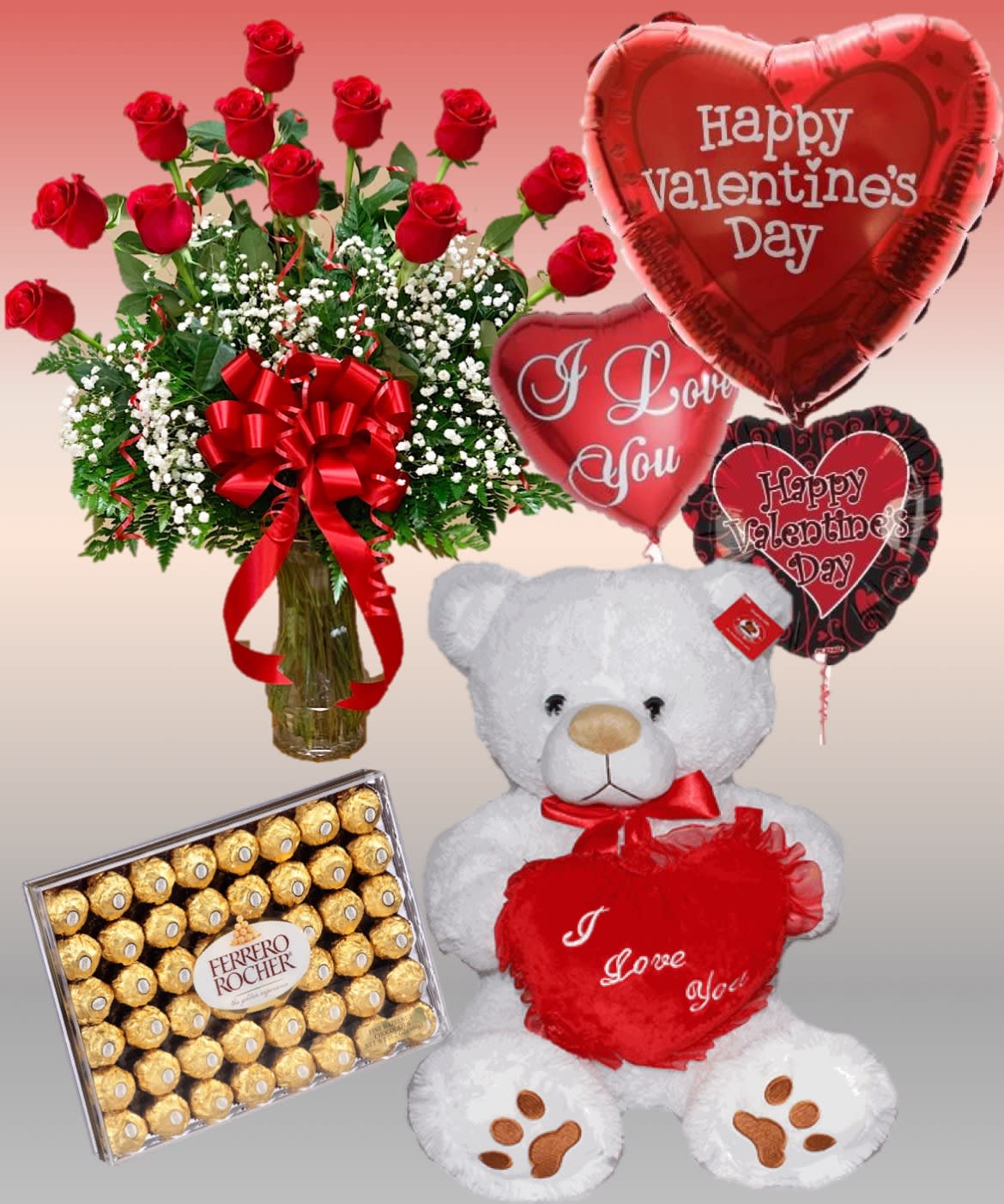 12 Roses, Teddy Bear, Ferrero Rocher Chocolate, Balloons - 1 Dozen Red Roses arranged in a vase, 1 Medium teddy bear 24"H, 1 Ferrero Rocher Chocolate Box (48 pcs), 1 large Mylar balloon 36" and 2 Mylar balloons 18".  A perfect gift for Valentine's Day!
