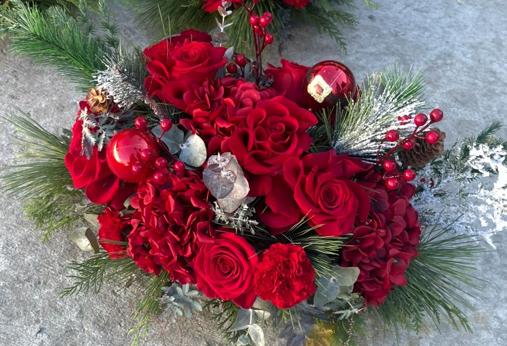 Christmas red centerpiece  - Artificial hydrangea, red roses, greenery,red berries, ornaments 