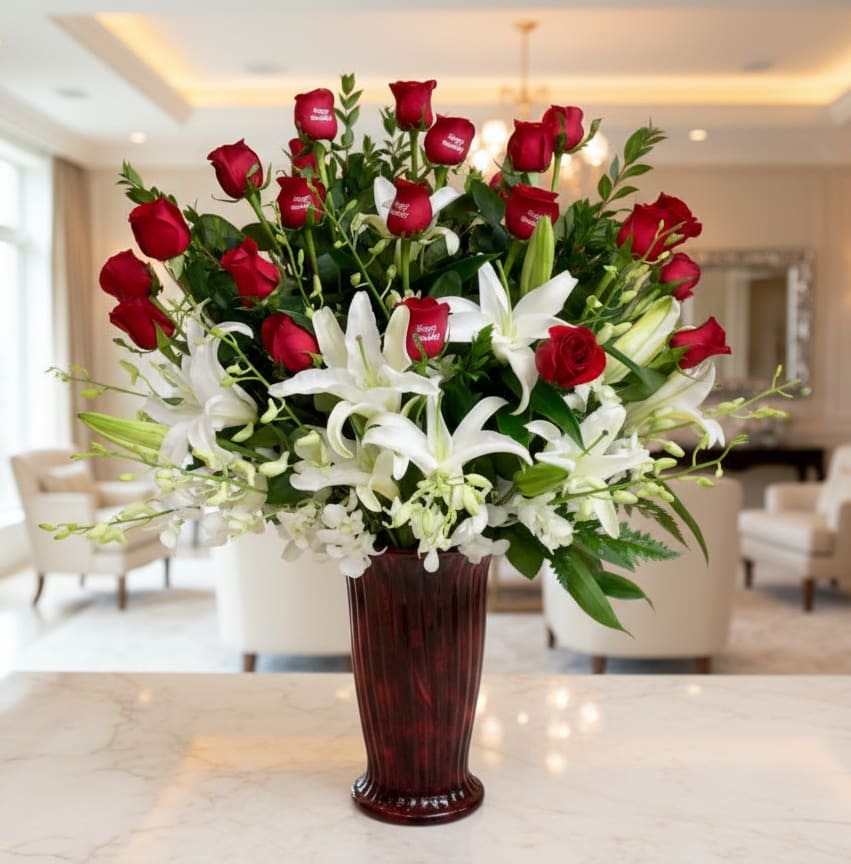 Crazy in Love - 19 Red Roses, 5 embossed roses with I LOVE YOU message, white lilies, white orchids will arrive beautiful arranged in a clear glass vase with greens and filler.