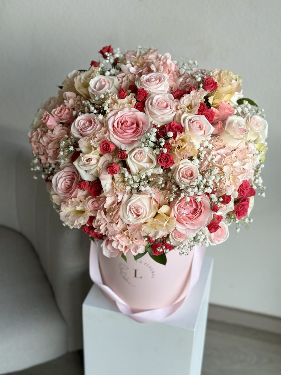 Sophia's Blush Bouquet - A graceful arrangement of blush and pink blooms that mirrors the elegance and charm of Sophia.  Perfect for any occasion. You can choose any color of the box.  Arrangement includes:  Medium Size Box Custom greeting card