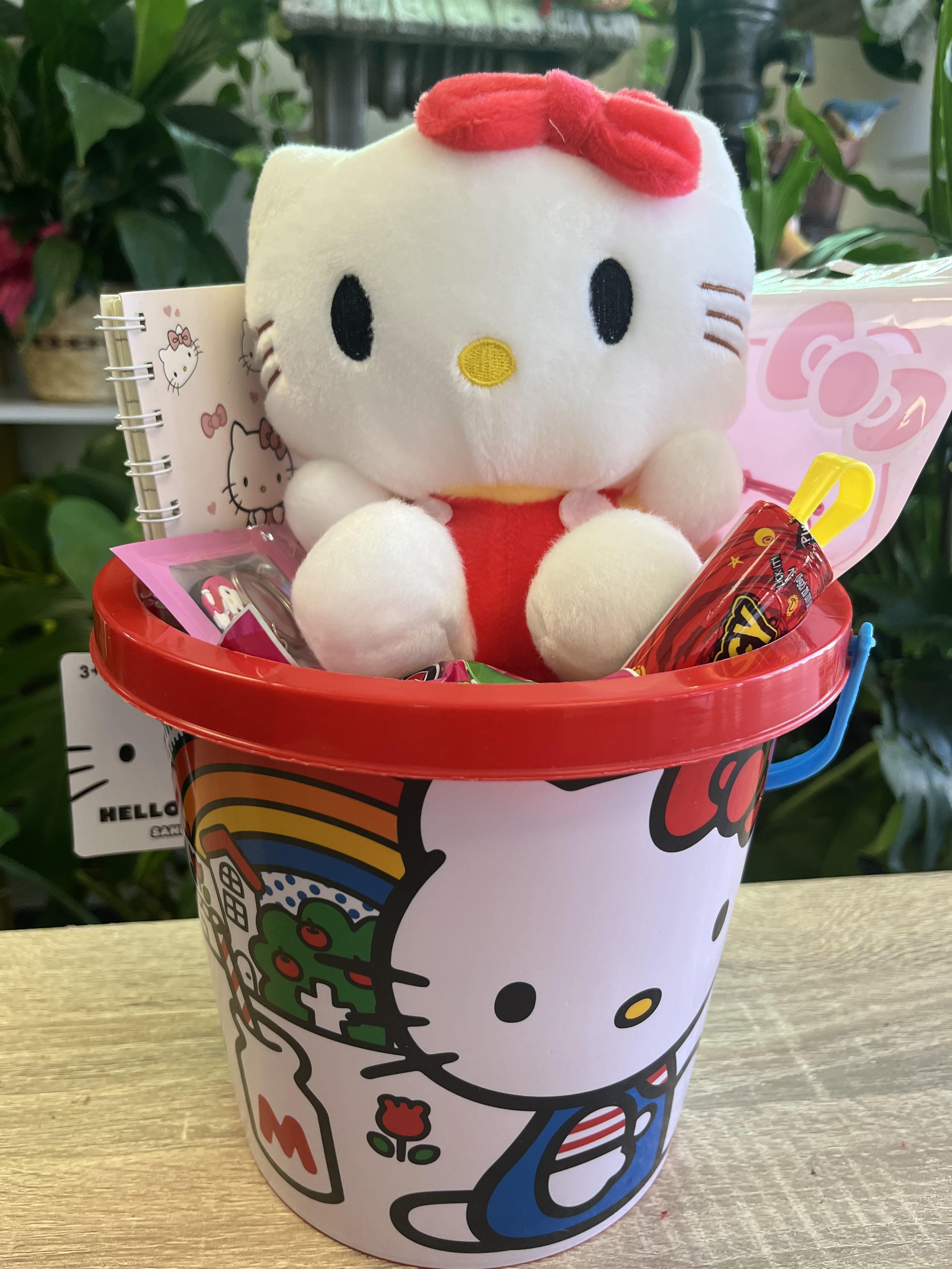 Hello Kitty Plush Gift Basket  - fun hello kitty bucket with plush, candy, key chain , note pad , bracelet 