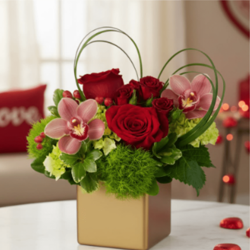 Hearts of Gold - A Golden cube with red roses and orchids - for the pure heart of gold