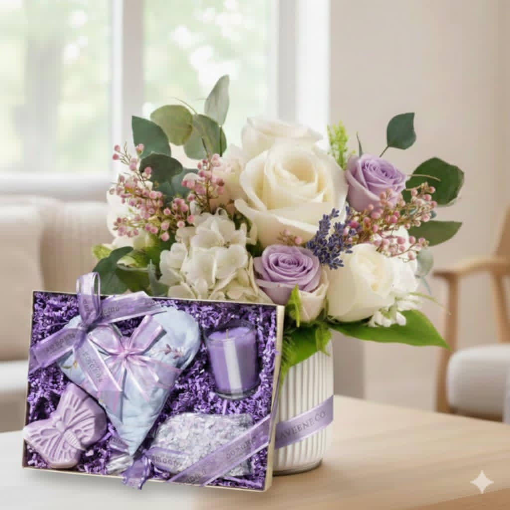 Lavender Dreams - The Perfect Combo of Fragrance  a Masterly designed floral of white and lavender roses accompanied by a Sonoma Lavender Gift Set
