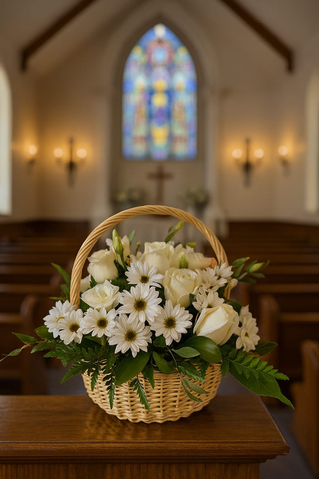 White Floral Basket  - Fresh flowers in basket  Basket may come in other colors  Brown or white  color of basket vase on avaliability