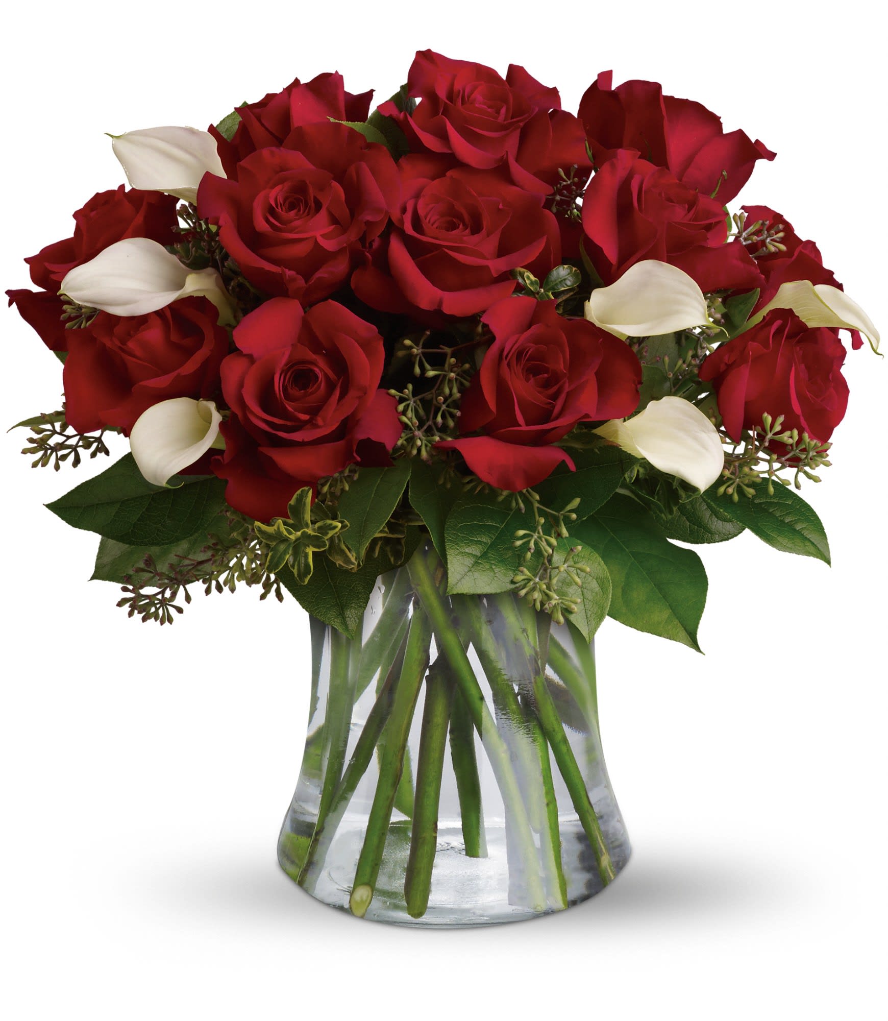Be Still My Heart - Dozen Red Roses  - TRS02-1A - The look of love is charmingly reflected in this romantic array of red roses and fragrant white callas. Beautifully presented in a sparkling glass vase, these gorgeous flowers will say what's in your heart more eloquently than words.  The gorgeous bouquet features one dozen red roses and a half dozen miniature white calla lilies accented with assorted greenery.  Approximately 15 1/2" W x 15 1/2" H  Orientation: All-Around      As Shown : TRS02-1A     Deluxe : TRS02-1B     Premium : TRS02-1C 