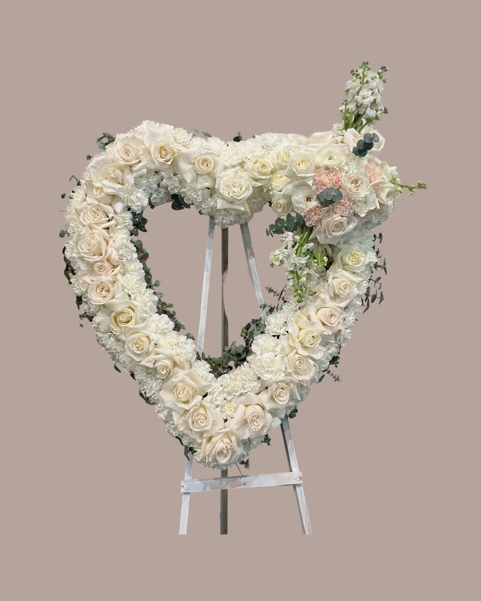White Rose heart  - Roses, carnations, eucalyptus, ranunculus,