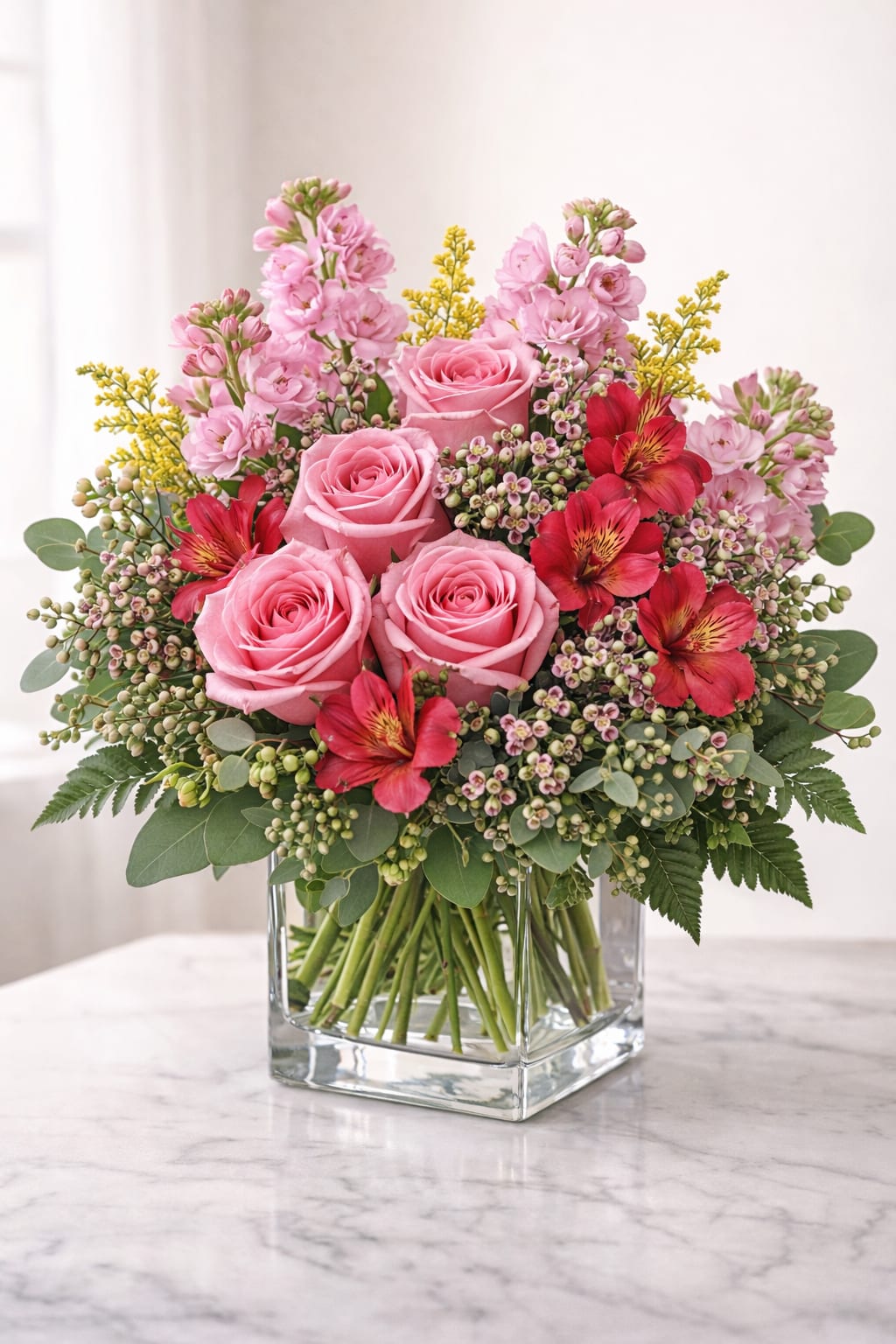 Pink Pop Garden - Bright, cheerful, and bursting with color—Pink Pop Garden is the perfect “make them smile” arrangement. Designed in a modern clear glass cube, it features gorgeous pink roses surrounded by vibrant red alstroemeria, delicate pink stock, and charming waxflower, all tucked into lush greenery with sunny yellow accents for extra sparkle. It’s soft, sweet, and just bold enough to feel extra special.