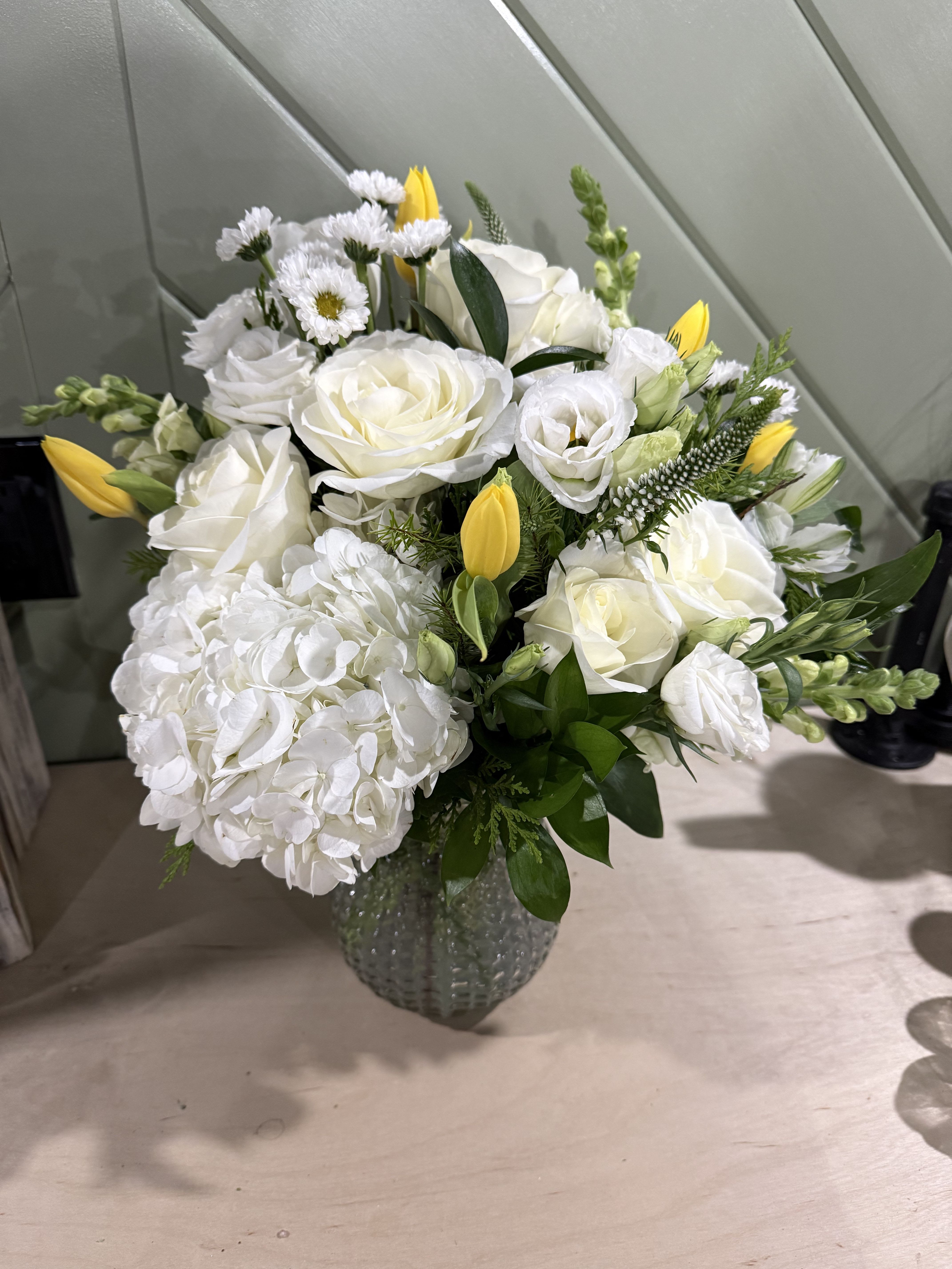 Spring Sensation - Beautiful white hydrangea, lisianthus, roses and tulips
