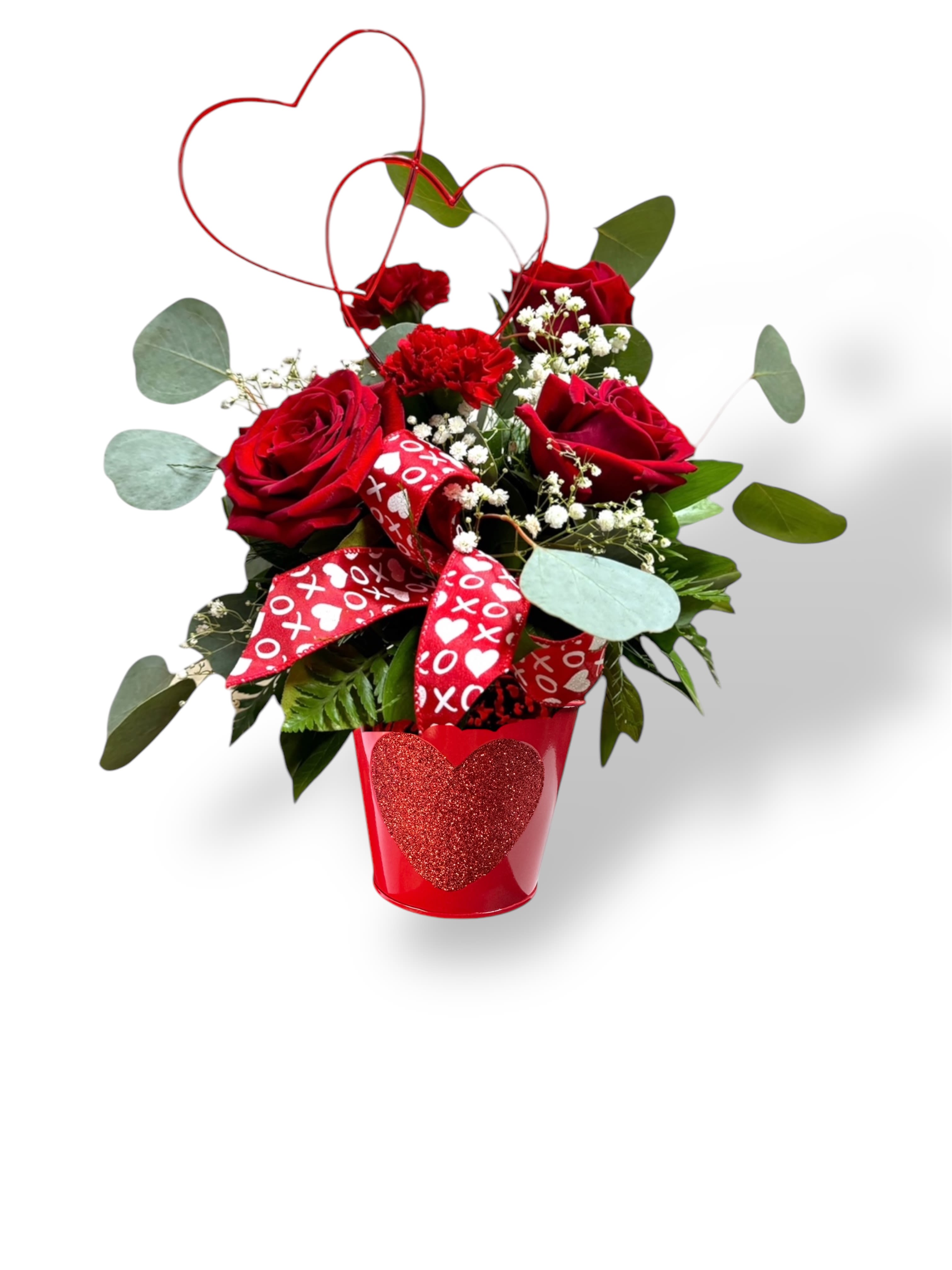 SWEETHEART BOUQUET  - Red roses arranged in a glass cube with a double red heart perfect for that true love