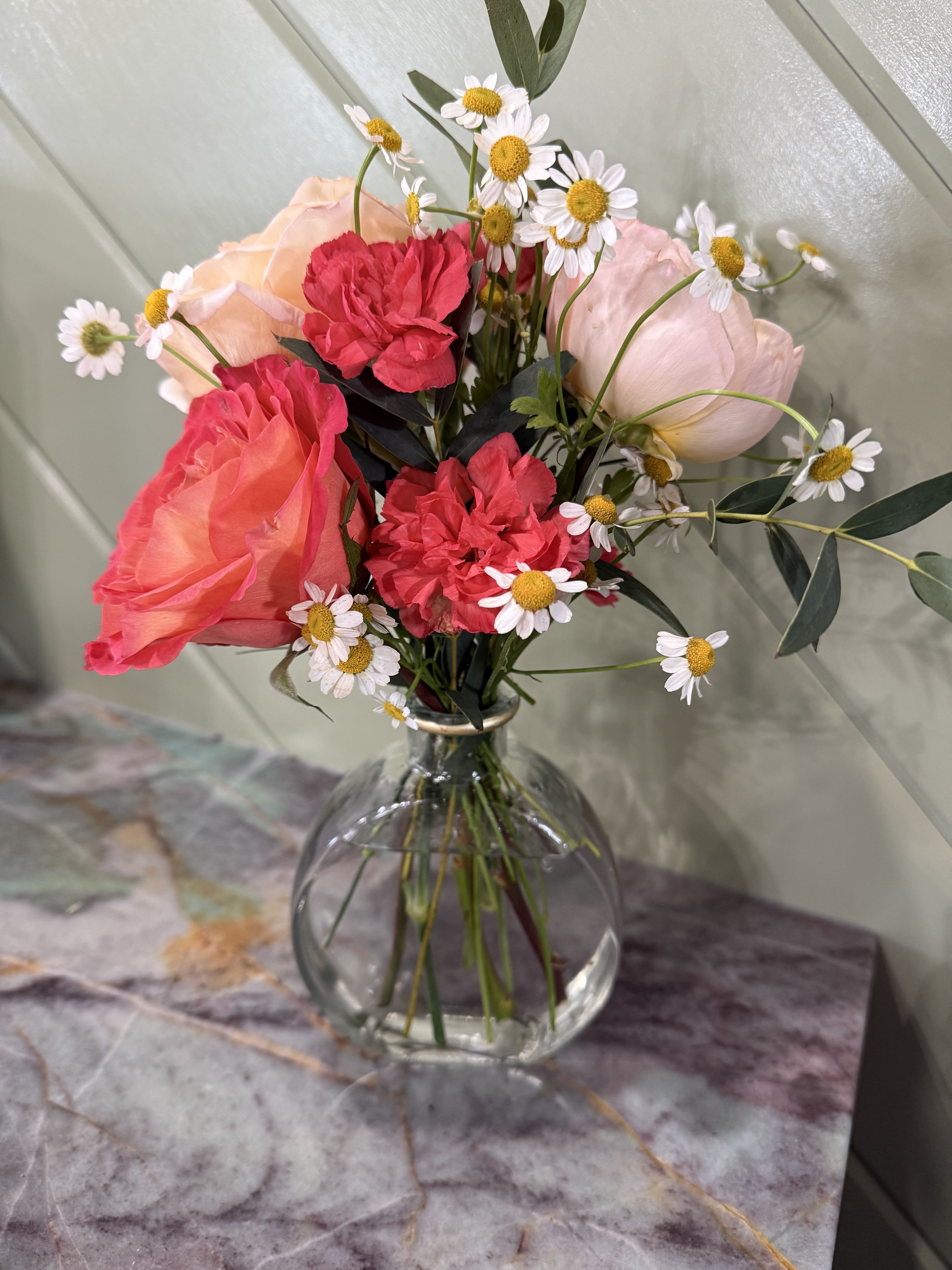 Peaches &amp; Cream - A dainty little arrangement with the most beautiful peachy orange garden rose, mini carnations and cream garden rose 