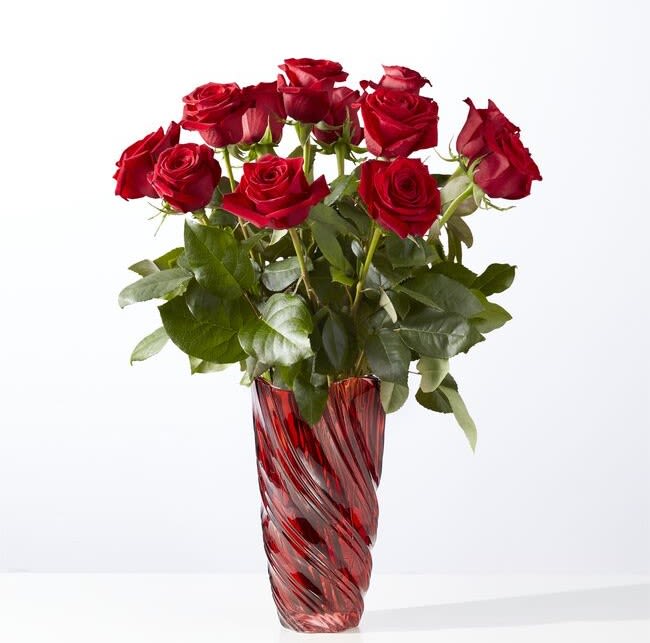 Classic Love Red Rose Bouquet with Luxe Swirl Vase - The universal symbol for romantic love, these crimson red roses are a timeless gift for your valentine.