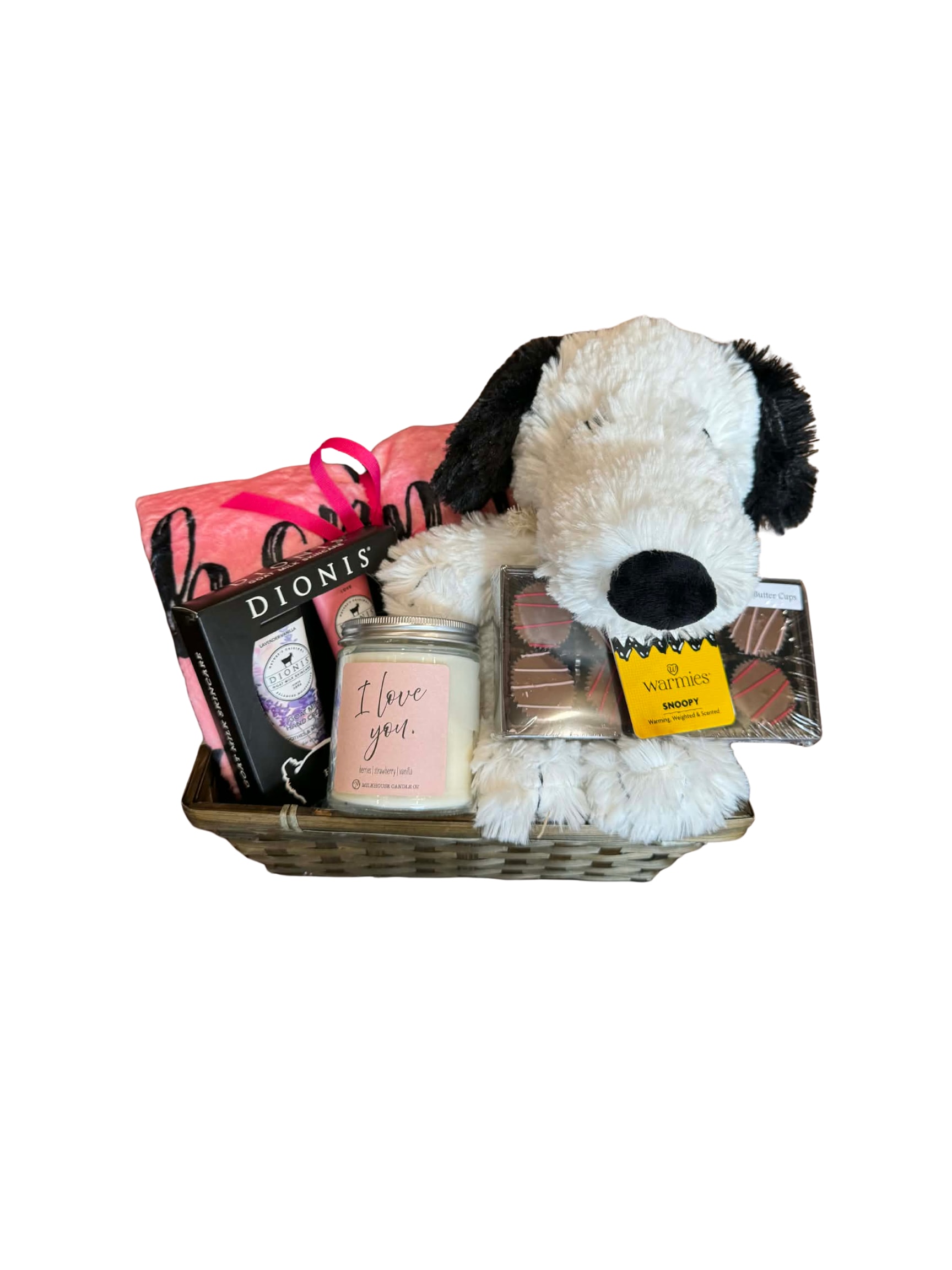 Basket of Love  - Send some love with this adorable gift basket! Inside there’s a Valentine’s throw blanket, Valentine’s candle, Valentine Peanut Butter Cups,  DIONIS Lotion Duo, and a plush Snoopy Warmie! 