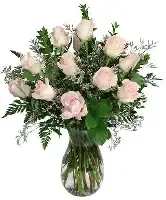 Dozen Premium Light Pink Roses - A beautiful light pink "Sweet Akito" rose is soft, sweet, and full of heart! Enjoy a dozen of these premium, long-stemmed roses arranged by our floral team in a glass vase with greenery and filler. Light pink symbolizes grace, admiration and gentle affection!