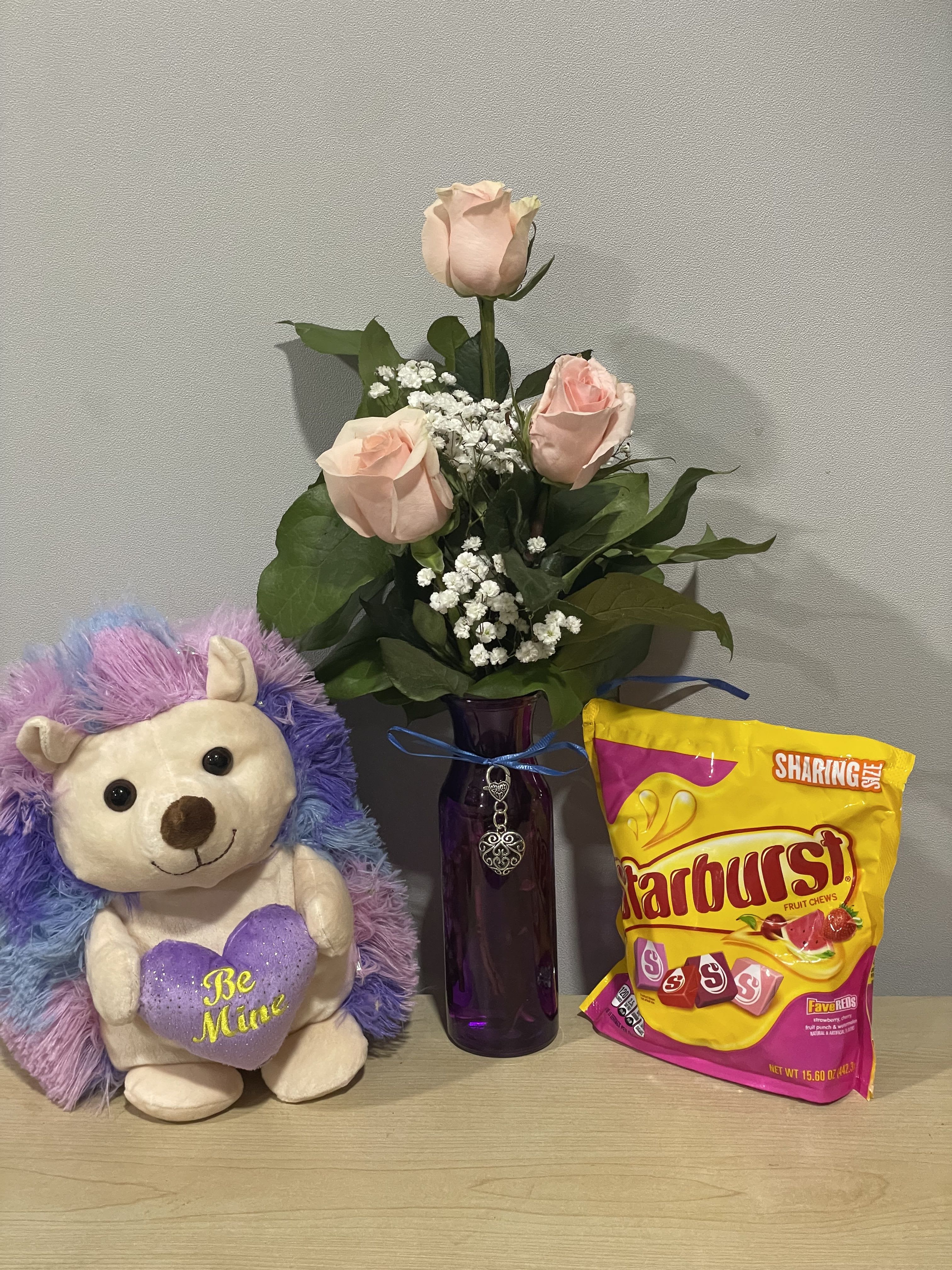 Pink Roses &amp; Hedgehog Trio - As shown w/ heart charm included 