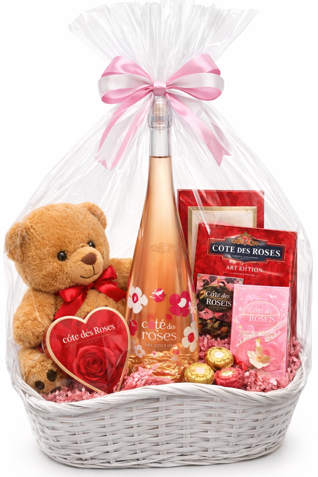 Sweetheart Sip Basket  - Treat someone special to the ultimate Valentine’s Day surprise! Our Sweetheart Sip Basket is beautifully wrapped in crisp cello and finished with a big pink heart bow—packed with sweet goodies and romantic charm. Featuring a stunning bottle of Côte des Roses Rosé, an adorable teddy bear, and an assortment of decadent chocolates, this gift is the perfect way to say “I’m thinking of you.”  Includes: • Côte des Roses Rosé • Plush teddy bear • Valentine chocolates &amp; sweet treats • Gift basket with pink shred + cello wrap &amp; bow 